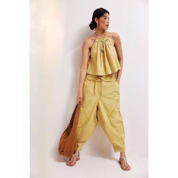 Free People Small Beach Life Mustard Yellow Pants With Eyelet Ruffle Oversized - Picture 1 of 10